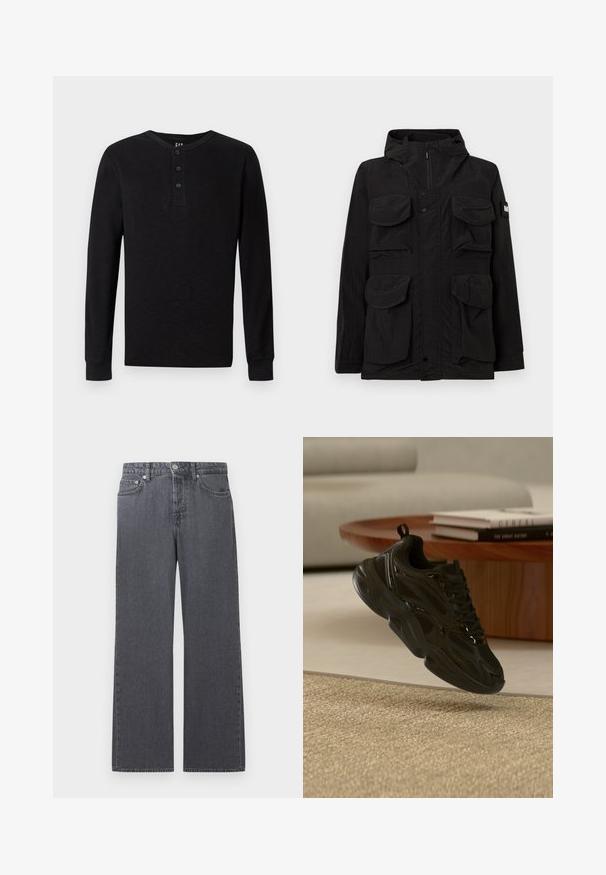 Chaqueta negra con capucha, cuatro grandes bolsillos frontales con solapa, cremallera frontal con botones de presión y parche con logo en la manga izquierda.; Camisa henley de manga larga negra con un botón de tres en el cuello, textura suave y puños acanalados, que presenta un corte clásico y un diseño minimalista.; Vaqueros de mezclilla gris oscuro con pierna recta, cintura alta, botón frontal, cremallera y diseño de cinco bolsillos sobre fondo blanco.; Zapatilla negra robusta con detalles de malla y brillantes flotando sobre una alfombra beige, mesa de centro redonda de madera con libros al fondo.