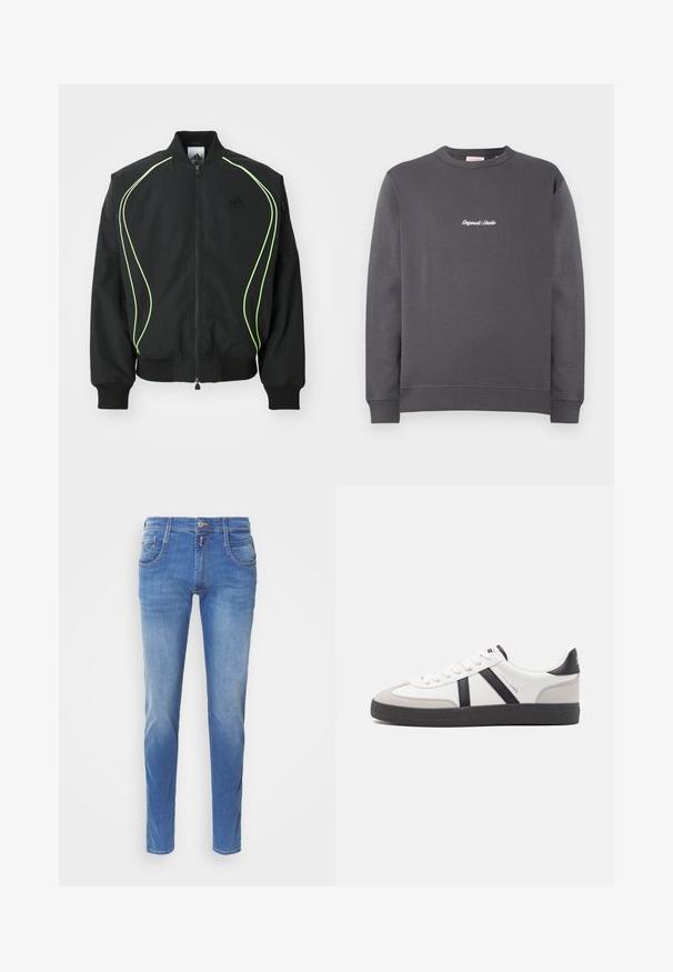 Čierna bombr jacket s neonovo zeleným lemovaním, rebrovanými manžetami a golierom. Má predný zips a bočné vrecko na zips. Vyrobené z ľahkého materiálu.; Sivý sweatshir s okrúhlym výstrihom a dlhými rukávmi. Obsahuje rebrované manžety a spodný lem, s bielym vyšívaným nápisom "Original Studio".; Modré džínsy vo slim strihu. Majú päť vreciek, predné zapínanie na gombík a svetlé blednutie na nohách. Rovný strih nohavíc.; Biele tenisky s čiernymi a šedými akcentmi, s textúrovanou šedou špičkou, čiernou gumovou podrážkou a plochými bielymi šnúrkami. Čistý dizajn, minimalistický štýl.
