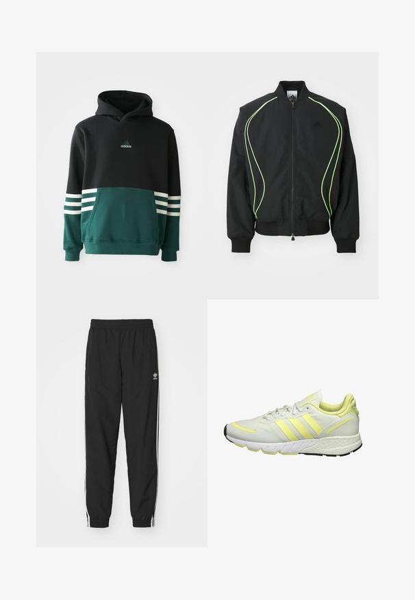 Chaqueta bomber negra con detalles en verde neón, puños y cuello acanalados. Presenta un cierre frontal con cremallera y un bolsillo lateral con cremallera. Está fabricada con material ligero.; Sudadera Adidas negra y verde oscuro con bolsillo frontal, tres rayas blancas en las mangas y logo de Adidas en el pecho.; Pantalones de chándal negros con cintura y dobladillos elásticos, con franjas laterales blancas y un pequeño logo blanco de Adidas en la cadera izquierda.; Zapatilla deportiva blanca con acentos en amarillo, que cuenta con una parte superior suave, suela texturizada y tres rayas en el lateral para la marca.