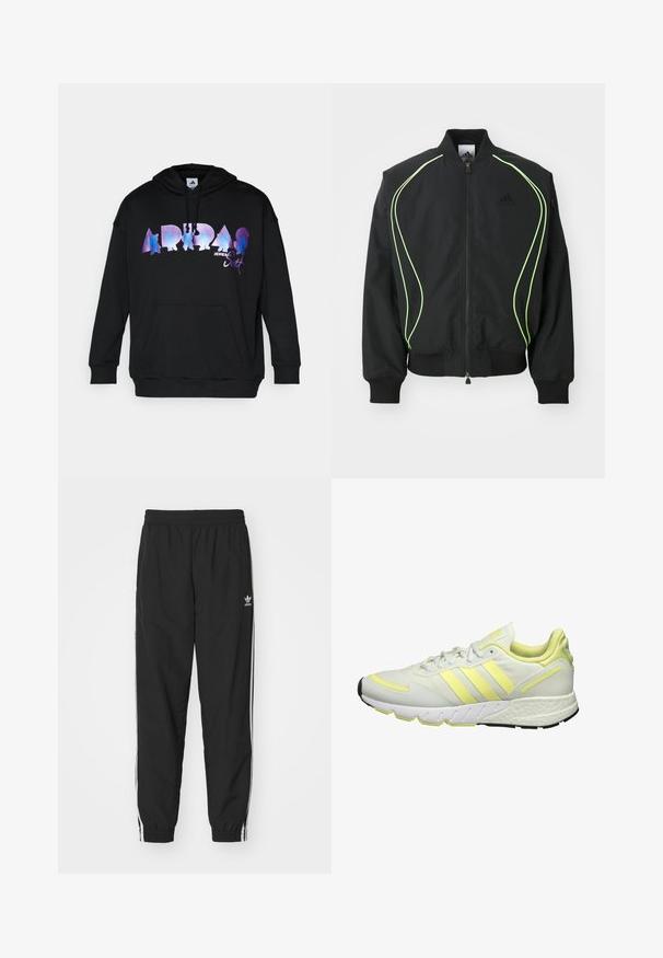 Čierna bombr jacket s neonovo zeleným lemovaním, rebrovanými manžetami a golierom. Má predný zips a bočné vrecko na zips. Vyrobené z ľahkého materiálu.; Čierna mikina s kapucňou so širokým, farebným gradientom loga "ADIDAS" dizajnovaným Jeremy Scottom, klokanie vrecko a kapucňa na šnúrku.; Čierne športové nohavice s elastickým pásom a manžetami, s bielymi bočnými pruhmi a malým bielym logom Adidas na ľavom boku.; Biele športové topánky s žltými akcentami, s hladkým vrchom, textúrovanou podrážkou a tromi pruhmi na boku pre branding.