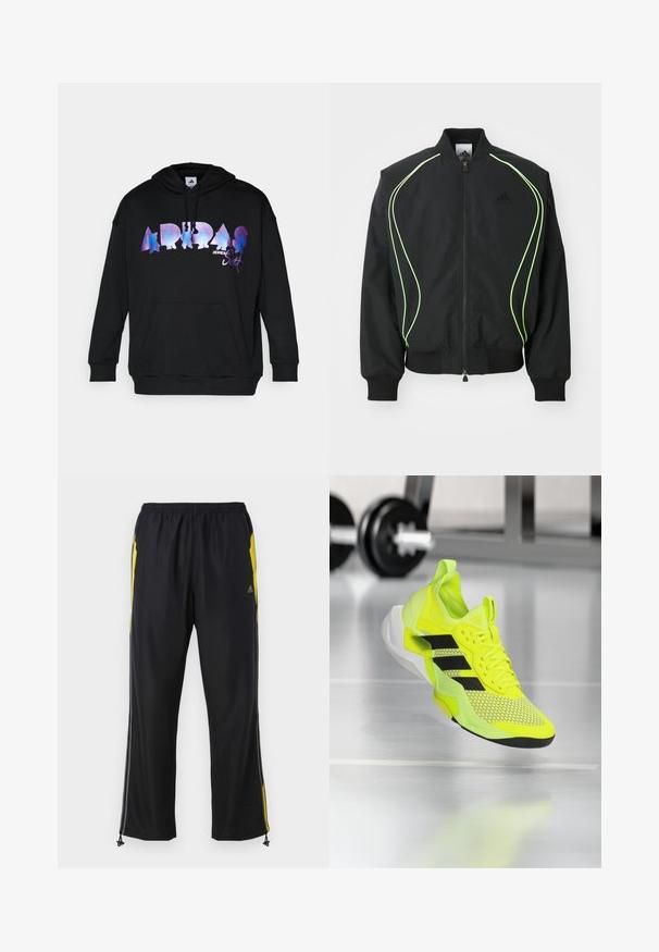 Μαύρο bomber jacket με φωσφορούσα πράσινη ραφή, ριγωτούς κορμούς και γιακά. Διαθέτει φερμουάρ μπροστά και τσέπη με φερμουάρ στο πλάι. Κατασκευασμένο από ελαφρύ υλικό.; Μαύρη μπλούζα με κουκούλα που διαθέτει ένα μεγάλο, πολύχρωμο γραμμικό λογότυπο "ADIDAS" με σχέδιο του Jeremy Scott, καγκουρό τσέπη και κουκούλα με κορδόνια.; Μαύρο αθλητικό παντελόνι με κίτρινες πλευρικές λεπτομέρειες, ελαστική μέση και τσέπες με φερμουάρ στο πλάι. Κατασκευασμένο από ελαφρύ, μαλακό ύφασμα.; Αθλητικό παπούτσι σε νέον κίτρινο χρώμα με μαύρες λεπτομέρειες, πάνω μέρος από δίχτυ και υφή στη σόλα. Ελαφρύς σχεδιασμός με ενδιάμεση σόλα με μαξιλαράκι για υποστήριξη.