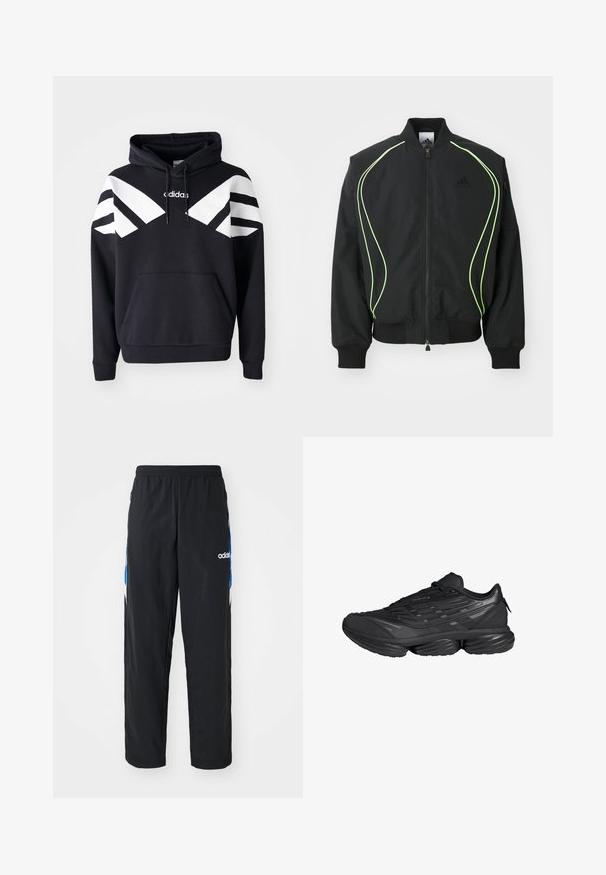 Schwarze Bomberjacke mit neongrüner Paspelierung, gerippten Bündchen und Kragen. Verfügt über einen Reißverschluss vorne und eine seitliche Reißverschlusstasche. Hergestellt aus leichtem Material.; Schwarzer Kapuzenpullover mit weißen diagonalen Streifen über der Brust und den Ärmeln, einer Vorderasche und einem Logo auf der oberen Brust.; Schwarze Sporthose mit elastischem Bund, ausgestattet mit blauen und weißen grafischen Akzenten an den Seiten und einem gestickten Logo.; Schwarzer Sportschuh mit dicker segmentierter Sohle, strukturiertem Obermaterial und Schnürverschluss, seitlich vor weißem Hintergrund gezeigt.