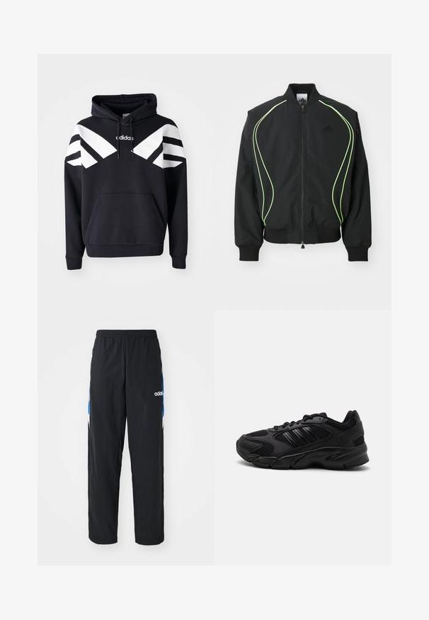 Zwarte bomberjack met neon groene piping, ribgebreide manchetten en kraag. Voorzien van een rits aan de voorkant en een zijzak met rits. Gemaakt van lichtgewicht materiaal.; Zwarte hoodie met witte diagonale strepen over de borst en mouwen, voorvak en logo op de bovenkant van de borst.; Zwarte sportbroeken met een elastische tailleband, voorzien van blauwe en witte grafische accenten aan de zijkanten en een geborduurd logo.; Zwarte sportieve schoenen met een combinatie van ademend mesh en synthetische materialen. Kenmerkende gestructureerde zool en drie zwarte strepen aan de zijkant.