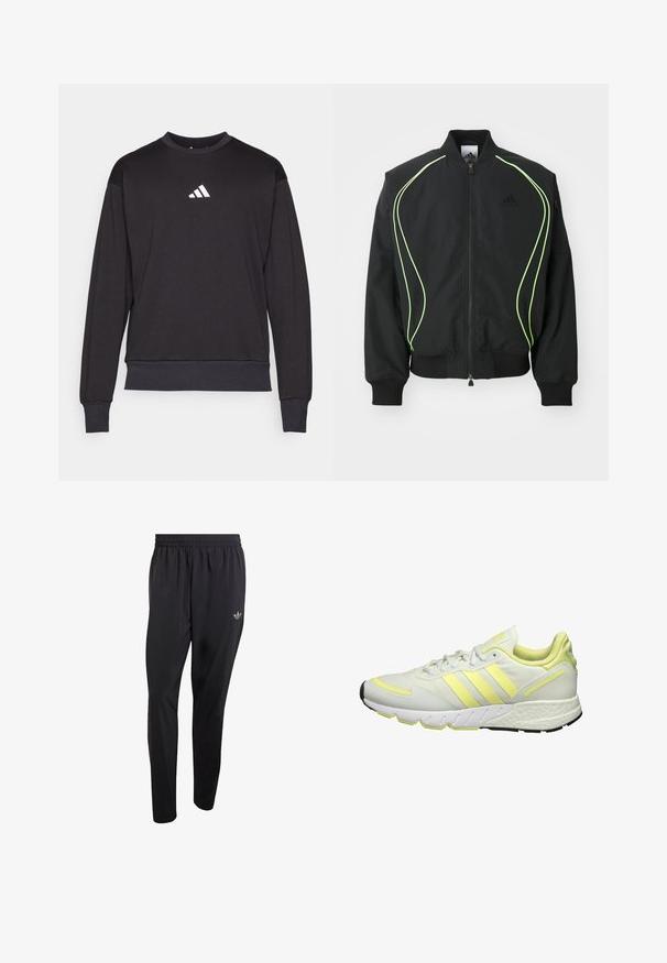 Zwarte bomberjack met neon groene piping, ribgebreide manchetten en kraag. Voorzien van een rits aan de voorkant en een zijzak met rits. Gemaakt van lichtgewicht materiaal.; Zwarte sweatshirt met lange mouwen, geribbelde manchetten en zoom; voorzien van een wit Adidas-logo op de borst, gemaakt van zachte, gestructureerde stof.; Zwarte sportbroek gemaakt van lichtgewicht materiaal, voorzien van een elastische tailleband en een klein reliëflogo op het bovenste gedeelte van het linkerbeen.; Witte sportschoen met gele accenten, met een gladde bovenkant, een gestructureerde zool en drie strepen aan de zijkant voor branding.