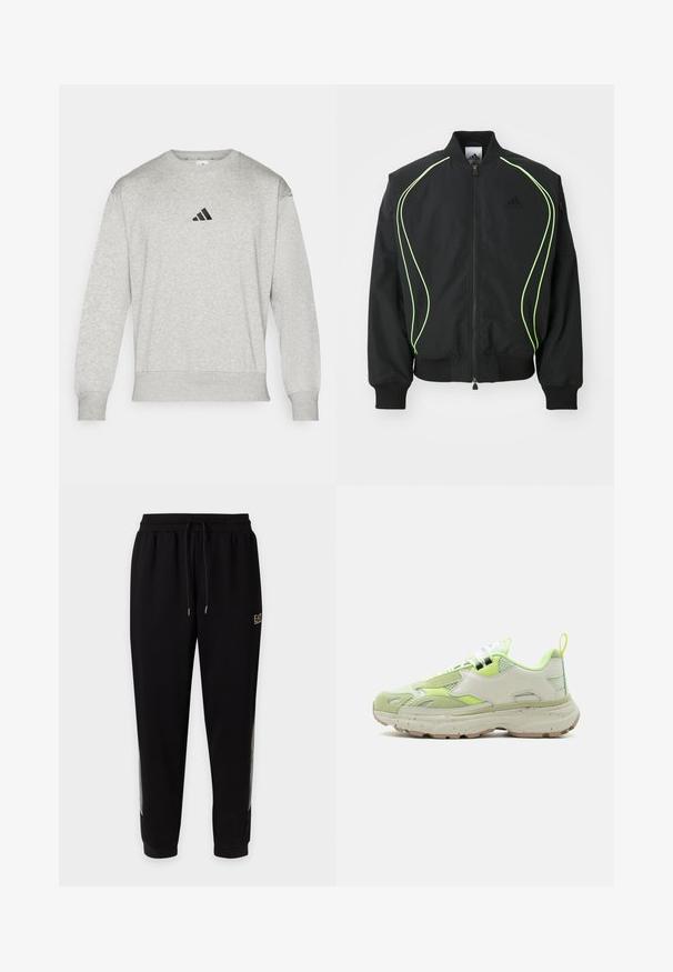 Μαύρο bomber jacket με φωσφορούσα πράσινη ραφή, ριγωτούς κορμούς και γιακά. Διαθέτει φερμουάρ μπροστά και τσέπη με φερμουάρ στο πλάι. Κατασκευασμένο από ελαφρύ υλικό.; Γκρι φούτερ φτιαγμένο από μείγμα βαμβακιού, με ριμπ μανσέτες και στρίφωμα, και με ένα μικρό μαύρο λογότυπο Adidas στο στήθος. Κλασικός σχεδιασμός με στρογγυλή λαιμόκοψη.; Μαύρη στενή φόρμα με ελαστική μέση, κορδόνια και μικρό χρυσό λογότυπο στο πάνω αριστερό μηρό.; Αθλητικό παπούτσι χαμηλού προφίλ με χοντρή σόλα, μπεζ και ανοιχτό πράσινο πλέγμα και πάνελ από σουέτ, λευκά κορδόνια και θηλιά στη φτέρνα.