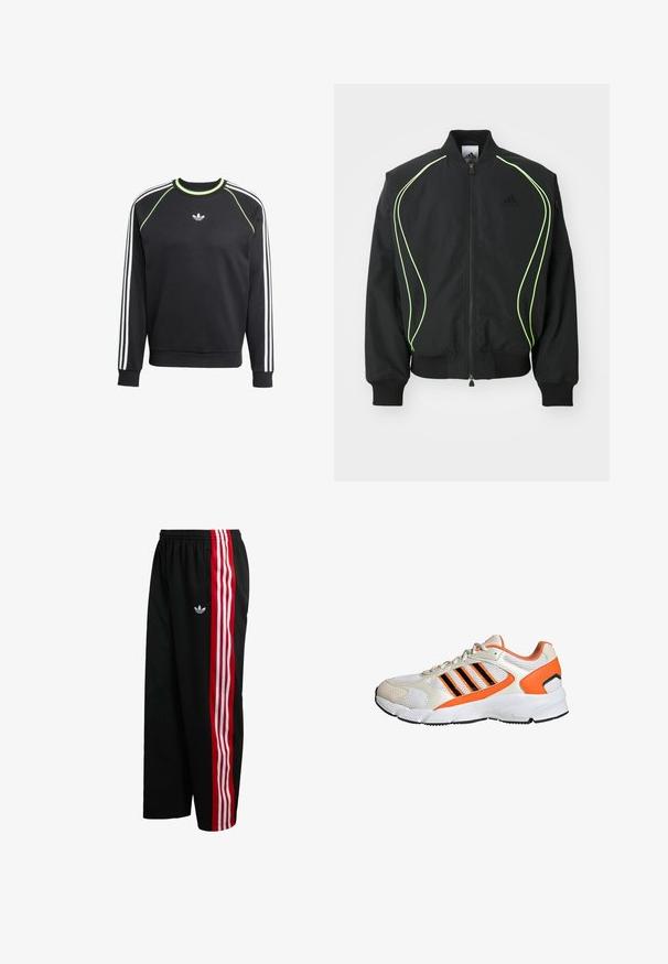 Veste bomber noire avec des passepoils vert fluo, des poignets et un col côtelés. Présente une fermeture éclair à l'avant et une poche zippée sur le côté. Fabriquée en matériau léger.; Sweat-shirt noir avec un design à trois rayures blanches sur les manches et des accents vert citron. Il présente un col rond et un petit logo sur la poitrine.; Pantalon en maille noire offrant une coupe large, avec des bandes latérales rayées rouges et blanches, et un petit logo blanc sur le côté gauche. Taille élastique.; Baskets présentant une tige en mesh blanche avec des accents orange et noir, une semelle épaisse, et trois bandes noires sur le côté.
