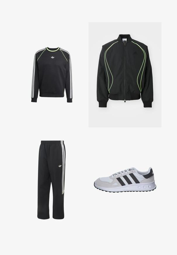 Sort bomberjakke med neongrønne detaljer, ribbede manchetter og krave. Har lynlås foran og sidelomme med lynlås. Lavet af letvægtsmateriale.; Sort sweatshirt med hvidt tre-stribesdesign på ærmerne og limegrønne detaljer. Har rund halsudskæring og et lille logo på brystet.; Sorte Adidas træningsbukser med hvide tre striber på siderne og et lille hvidt Adidas-logo på det øverste venstre lår.; Grå og hvid atletiksko med en mesh-overdel, suedebeslag, tre sorte striber og en tekstureret gummisål med runde udskæringer.