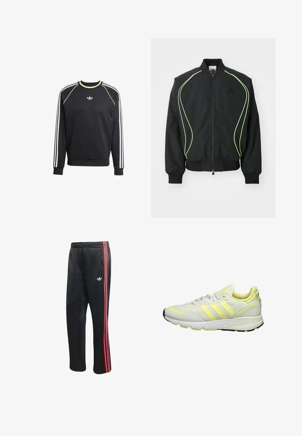 Veste bomber noire avec des passepoils vert fluo, des poignets et un col côtelés. Présente une fermeture éclair à l'avant et une poche zippée sur le côté. Fabriquée en matériau léger.; Sweat-shirt noir avec un design à trois rayures blanches sur les manches et des accents vert citron. Il présente un col rond et un petit logo sur la poitrine.; Pantalon de sport noir avec texture côtelée verticale, doté de bandes latérales rouges et blanches ainsi qu'un petit logo blanc sur la jambe gauche.; Baskets blanches avec des accents jaunes, présentant une tige lisse, une semelle texturée et trois bandes sur le côté pour le marquage.