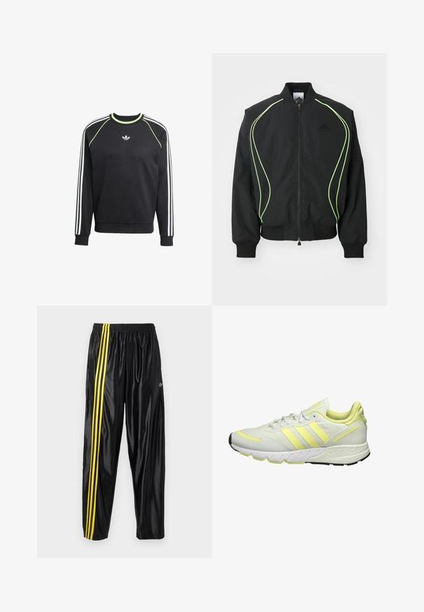 Schwarze Bomberjacke mit neongrüner Paspelierung, gerippten Bündchen und Kragen. Verfügt über einen Reißverschluss vorne und eine seitliche Reißverschlusstasche. Hergestellt aus leichtem Material.; Schwarzer Sweatshirt mit weißem Dreistreifen-Design an den Ärmeln und limettengrünen Akzenten. Verfügt über einen Rundhalsausschnitt und ein kleines Logo auf der Brust.; Schwarze Sporthosen aus glänzendem Material mit elastischem Bund, versehen mit zwei gelben Streifen an den Seiten und einem kleinen Logo.; Weiße Sportschuh mit gelben Akzenten, ausgestattet mit einem glatten Obermaterial, einer strukturierten Sohle und drei Streifen an der Seite zur Markenkennzeichnung.