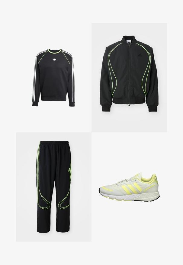 Sort bomberjakke med neongrønne detaljer, ribbede manchetter og krave. Har lynlås foran og sidelomme med lynlås. Lavet af letvægtsmateriale.; Sort sweatshirt med hvidt tre-stribesdesign på ærmerne og limegrønne detaljer. Har rund halsudskæring og et lille logo på brystet.; Sorte Adidas sportbukser med neongrønne buede linjer og tre striber på siderne, elastisk livrem og Adidas-logo på forsiden af låret.; Hvide atletiske sko med gule accenter, der har en glat overdel, struktureret sål og tre striber på siden til branding.
