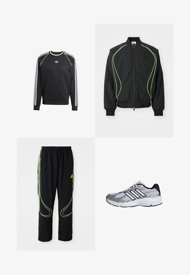 Sort bomberjakke med neongrønne detaljer, ribbede manchetter og krave. Har lynlås foran og sidelomme med lynlås. Lavet af letvægtsmateriale.; Sort sweatshirt med hvidt tre-stribesdesign på ærmerne og limegrønne detaljer. Har rund halsudskæring og et lille logo på brystet.; Sorte Adidas sportbukser med neongrønne buede linjer og tre striber på siderne, elastisk livrem og Adidas-logo på forsiden af låret.; Mesh atletik sko i hvid og sølv, med sorte detaljer, tre hvide striber logo, polstret krave og tekstureret gummisål.