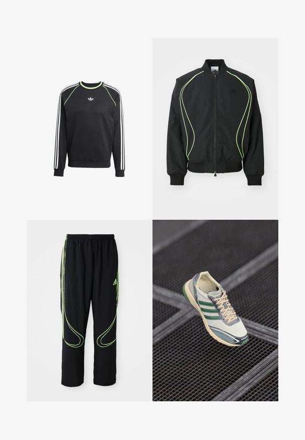Čierna bombr jacket s neonovo zeleným lemovaním, rebrovanými manžetami a golierom. Má predný zips a bočné vrecko na zips. Vyrobené z ľahkého materiálu.; Čierna mikina s bielym trojpruhovým dizajnom na rukávoch a limetkovými akcentmi. Má okrúhly výstrih a malú nášivku na hrudi.; Čierne atletické nohavice Adidas s neonovo zelenými zakrivenými líniami a tromi pruhmi po stranách, elastickým pásom a logom Adidas na prednom stehne.; Biele a zelené sieťované tenisky s béžovými šnúrkami levitujú nad tmavým kovovým mriežkovaním na podlahe.