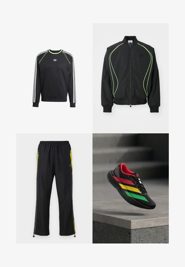 Sort bomberjakke med neongrønne detaljer, ribbede manchetter og krave. Har lynlås foran og sidelomme med lynlås. Lavet af letvægtsmateriale.; Sort sweatshirt med hvidt tre-stribesdesign på ærmerne og limegrønne detaljer. Har rund halsudskæring og et lille logo på brystet.; Sorte træningsbukser med gule sideaccenter, elastisk talje og lynlåslommer på siden. Fremstillet af let og glat stof.; Sort løbesko med røde, gule og grønne striber samt rød indvendig foring, der svæver over en betonafsats udendørs.