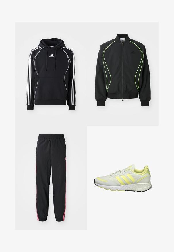 Schwarze Bomberjacke mit neongrüner Paspelierung, gerippten Bündchen und Kragen. Verfügt über einen Reißverschluss vorne und eine seitliche Reißverschlusstasche. Hergestellt aus leichtem Material.; Schwarzer Adidas-Hoodie mit weißen Streifen an den Ärmeln, weißen Paspeln auf der Vorderseite, vorderer Kängurutasche und kapuze mit Kordelzug.; Schwarze Windbreaker-Hose mit pinken Seitenstreifen, elastischem Bund und Bündchen. Mit dezentem Branding am linken Bein. Glatte Textur.; Weiße Sportschuh mit gelben Akzenten, ausgestattet mit einem glatten Obermaterial, einer strukturierten Sohle und drei Streifen an der Seite zur Markenkennzeichnung.