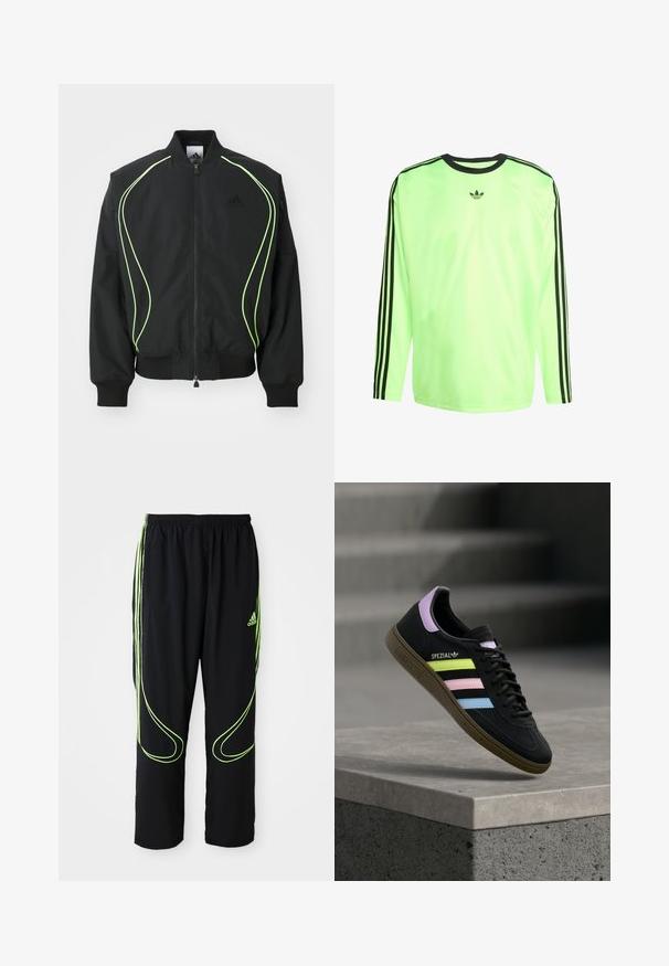 Mustmust must kaaluvate neoonroheliste detailidega, ribatatud mansettide ja kraega. Omab lukuga esiosa ja külgmist lukuga taskut. Valmistatud kergest materjalist.; Küljelt pikkade varrukatega sportlik särk fluorestsentsrohelises, mustade triipudega varrukatel ja musta logoga rinnal. Sile, sünteetiline kangas.; Mustad mustad Adidas spordipüksid, millel on neoonrohelised kumerad jooned ja kolm triipu külgedel, elastne vöökoht ja Adidas logo ees reie peal.; Must Adidas Spezial toss sinised, roosad ja kollased pastelltriipud, lavendlivärvilise kannaosaga ja pruun tallaga, hõljumas betoonserva kohal.
