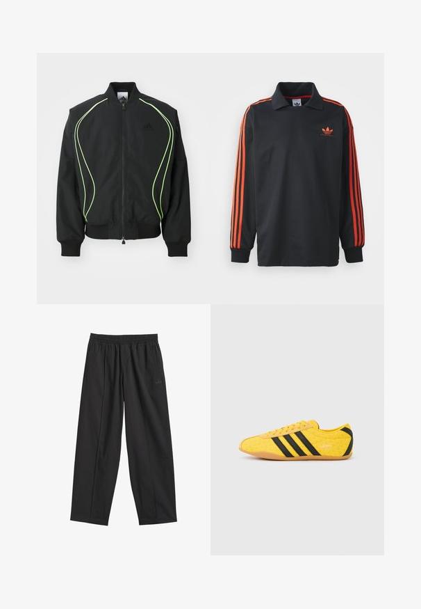 Μαύρο bomber jacket με φωσφορούσα πράσινη ραφή, ριγωτούς κορμούς και γιακά. Διαθέτει φερμουάρ μπροστά και τσέπη με φερμουάρ στο πλάι. Κατασκευασμένο από ελαφρύ υλικό.; Μαύρο μακρυμάνικο πόλο με γιακά, με κόκκινες ρίγες στα μανίκια και ένα μικρό κόκκινο λογότυπο στο στήθος. Λείο υφασμάτινο υλικό.; Μαύρο παντελόνι με φαρδύ πόδι από ελαφρύ ύφασμα, με ελαστική μέση και τσέπη με φερμουάρ στο πλάι· διαθέτει διακριτική λεπτομέρεια με λογότυπο.; Κίτρινο αθλητικό παπούτσι με υφή στο επάνω μέρος, με μαύρες ρίγες και λογότυπο. Στρογγυλεμένη μύτη, μαλακή σόλα και ζιγκ-ζαγκ σχέδιο στο υλικό.