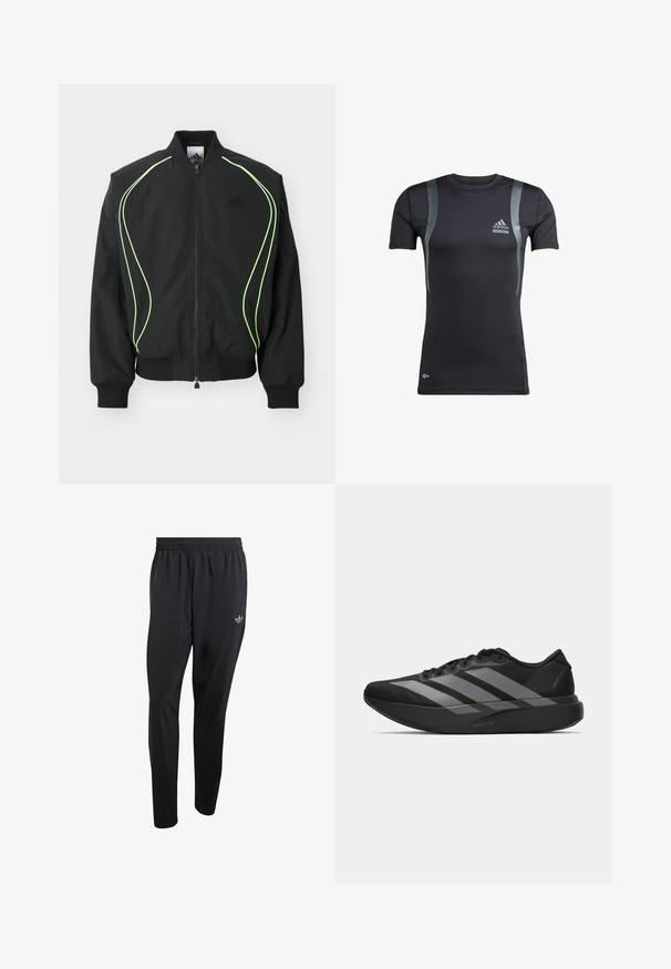 Zwarte bomberjack met neon groene piping, ribgebreide manchetten en kraag. Voorzien van een rits aan de voorkant en een zijzak met rits. Gemaakt van lichtgewicht materiaal.; Zwart sportshirt met korte mouwen en grijze accenten, gemaakt van rekbare stof. Bevat een Adidas-logo op de linkerborst en Techfit-branding.; Zwarte sportbroek gemaakt van lichtgewicht materiaal, voorzien van een elastische tailleband en een klein reliëflogo op het bovenste gedeelte van het linkerbeen.; Zwarte sportieve schoenen met een lichtgewicht ontwerp, voorzien van drie opvallende grijze strepen, een gladde textuur en een gevormde zool.