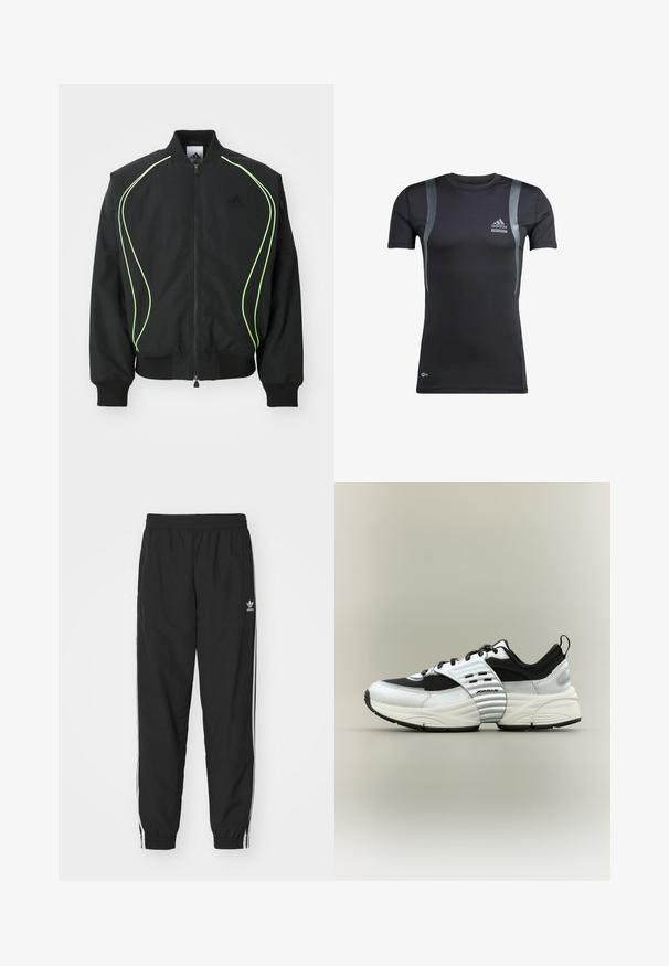 Veste bomber noire avec des passepoils vert fluo, des poignets et un col côtelés. Présente une fermeture éclair à l'avant et une poche zippée sur le côté. Fabriquée en matériau léger.; T-shirt de sport noir à manches courtes avec des accents gris, fabriqué en tissu extensible. Présente un logo Adidas sur la poitrine gauche et une marque Techfit.; Pantalons de jogging noirs avec taille élastique et poignets, présentant des rayures latérales blanches et un petit logo Adidas blanc sur la hanche gauche.; Baskets basses blanches et noires avec des empiècements en mesh et cuir, semelle épaisse, et bride côtelée au milieu du pied marquée « Jordan » sur un fond neutre.