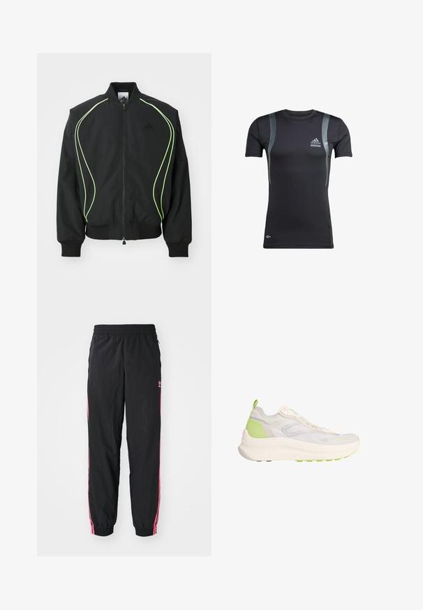 Chaqueta bomber negra con detalles en verde neón, puños y cuello acanalados. Presenta un cierre frontal con cremallera y un bolsillo lateral con cremallera. Está fabricada con material ligero.; Camiseta deportiva negra de manga corta con detalles en gris, hecha de una tela elástica. Presenta un logo de Adidas en el lado izquierdo del pecho y la marca Techfit.; Pantalones tipo chándal negros con rayas laterales rosas, cinturilla elástica y puños ajustados. Presenta un acabado sutil en la parte izquierda de la pierna. Textura suave.; Zapatilla deportiva beige clara y verde con suela gruesa, parte superior de malla, lengüeta en el talón y marca sutil en la zona de los dedos.