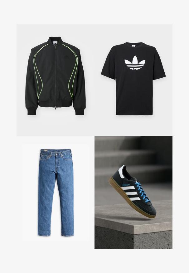 Sort bomberjakke med neongrønne detaljer, ribbede manchetter og krave. Har lynlås foran og sidelomme med lynlås. Lavet af letvægtsmateriale.; Sort bomulds T-shirt med korte ærmer, der har et stort hvidt Adidas-logo og tre vandrette striber i bunden. Klassisk rund halsdesign.; Blå denimjeans med lige ben, kobbernitter og fem-lomme design. Har en syet kant og et klassisk taljebånd med bæltestropper.; Sort Adidas sneaker med hvide striber, blå snørebånd og gummisål, der svæver over gråt betontrin i blødt lys.