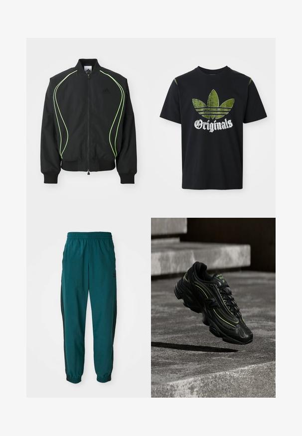 Chaqueta bomber negra con detalles en verde neón, puños y cuello acanalados. Presenta un cierre frontal con cremallera y un bolsillo lateral con cremallera. Está fabricada con material ligero.; Camiseta de algodón negra con un gráfico verde desgastado que presenta tres rayas y la palabra "Originales" debajo en blanco, cuello redondo, mangas cortas.; Pantalones deportivos en color verde azulado con cintura ajustable por cordón, puños elásticos y rayas negras en los lados. Fabricados con un tejido ligero, presentan un logo cerca de la cadera.; Zapatilla negra de New Balance con detalles en verde neón suspendida sobre escalones de hormigón gris con poca luz.