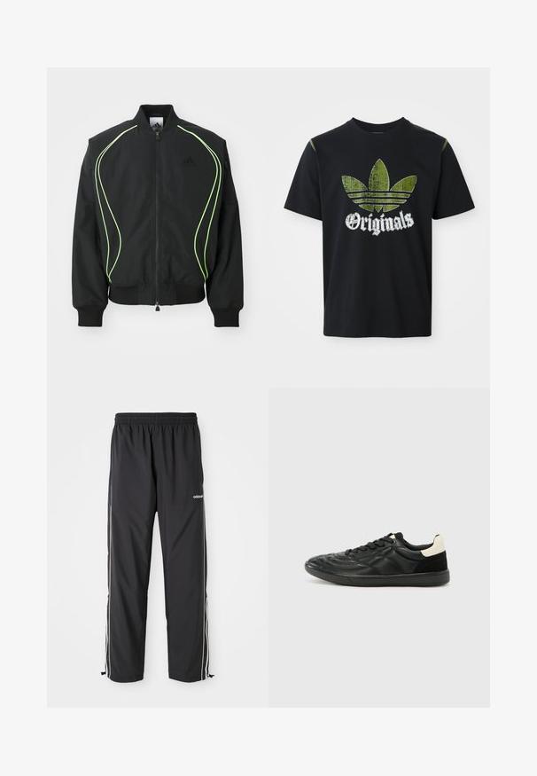 Čierna bombr jacket s neonovo zeleným lemovaním, rebrovanými manžetami a golierom. Má predný zips a bočné vrecko na zips. Vyrobené z ľahkého materiálu.; Čierne bavlnené tričko s roztrhnutým zeleným grafickým dizajnom so tromi pruhmi a slovom "Originals" pod ním v bielej farbe, okrúhly výstrih, krátke rukávy.; Čierne športové nohavice vyrobené z ľahkej látky, s bielymi bočnými pásmi, elastickým pásom a nastaviteľnými členkovými manžetami.; ALDO THEPITCH - Tenisky - black