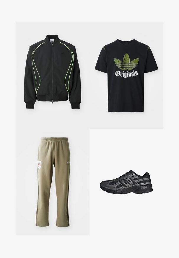 Schwarze Bomberjacke mit neongrüner Paspelierung, gerippten Bündchen und Kragen. Verfügt über einen Reißverschluss vorne und eine seitliche Reißverschlusstasche. Hergestellt aus leichtem Material.; Schwarzes Baumwoll-T-Shirt mit einem abgenutzten grünen Grafikdesign, das drei Streifen zeigt, sowie dem Wort "Originals" darunter in Weiß. Rundhalsausschnitt, kurze Ärmel.; Olivgrüne Jogginghosen mit einem elastischen Bund, Seitentaschen, schwarzen seitlichen Streifen und einem Logo-Patch am Oberschenkel.; Schwarze Sportschuhe aus Netz- und synthetischem Material, mit einer strukturierten Oberfläche, mehreren grauen Streifen und einem gepolsterten Schaft.