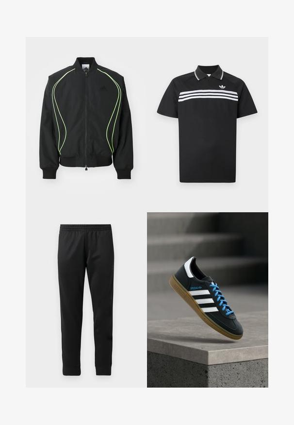 Zwarte bomberjack met neon groene piping, ribgebreide manchetten en kraag. Voorzien van een rits aan de voorkant en een zijzak met rits. Gemaakt van lichtgewicht materiaal.; Zwart poloshirt met een ritssluiting bij de kraag, voorzien van drie witte horizontale strepen over de borst en een klein logo linksboven.; Zwarte sportbroek van gladde stof, met een elastische tailleband, taps toelopende pijpen en ribgebreide manchetten bij de enkels.; Zwarte Adidas-sneaker met witte strepen, blauwe veters en een gumzool die boven een grijze betonnen trede zweeft in zacht licht.