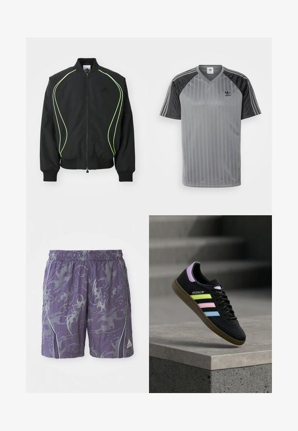 Veste bomber noire avec des passepoils vert fluo, des poignets et un col côtelés. Présente une fermeture éclair à l'avant et une poche zippée sur le côté. Fabriquée en matériau léger.; adidas Originals T-shirt imprimé - black/grey; Shorts de sport violets avec des motifs argentés abstraits, ceinture élastique, bandes latérales et logo Adidas en bas à droite de la jambe.; Baskets Adidas Spezial noires avec bandes jaune pastel, rose et bleue, languette de talon lavande et semelle marron, flottant au-dessus d’un rebord en béton.