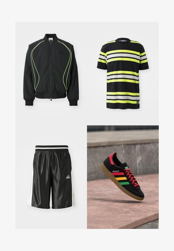 Sort bomberjakke med neongrønne detaljer, ribbede manchetter og krave. Har lynlås foran og sidelomme med lynlås. Lavet af letvægtsmateriale.; Sort T-shirt med vandrette striber i neongul, hvid og sort. Har en rund halsudskæring og et Adidas-logo nederst til venstre.; Sorte atletiske shorts med en glat overflade, elastisk talje med hvide striber og mesh-sider for åndbarhed. Adidas-logoet er til stede.; Sort Adidas Spezial-sneaker med røde, gule og grønne striber, røde snørebånd, gummisål og rødt hældetalje, vist svævende over fortovet.