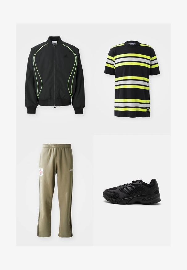 Čierna bombr jacket s neonovo zeleným lemovaním, rebrovanými manžetami a golierom. Má predný zips a bočné vrecko na zips. Vyrobené z ľahkého materiálu.; Čierne tričko s vodorovnými pruhmi v neonovo žltej, bielej a čiernej farbe. Má okrúhly výstrih a logo Adidas v dolnom ľavom rohu.; Olivové tepláky so širokým elastickým pásom, bočnými vreckami, čiernymi bočnými prúžkami a logom na stehne.; Čierne športové topánky s kombináciou priedušnej sieťoviny a syntetických materiálov. Výrazná štruktúrovaná podrážka a tri čierne pruhy na strane.
