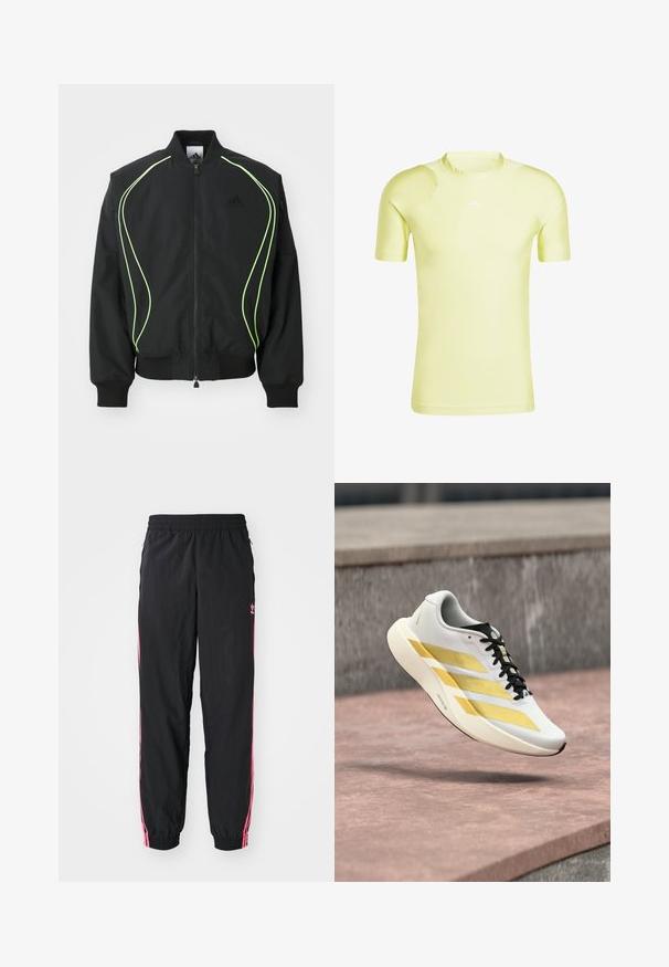 Čierna bombr jacket s neonovo zeleným lemovaním, rebrovanými manžetami a golierom. Má predný zips a bočné vrecko na zips. Vyrobené z ľahkého materiálu.; Krátky rukáv žltého športového trička s okrúhlym výstrihom, vyrobené z hladkej látky, s jemnými ramenými detailmi a bielym logom.; Čierne vetrovky s ružovými bočnými pruhmi, elastickým pásom a manžetami. Na ľavom stehne je diskrétne logo. Hladká textura.; Biele a zlaté športové topánky s čiernymi šnúrkami vznášajúce sa nad hladkým povrchom kamennej dosky a sivým kamenným múrom v pozadí.