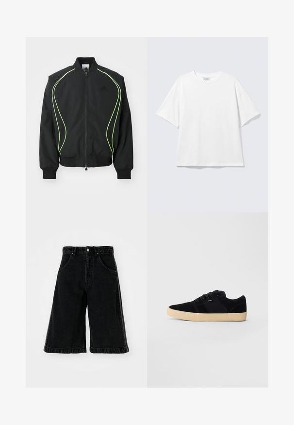 Sort bomberjakke med neongrønne detaljer, ribbede manchetter og krave. Har lynlås foran og sidelomme med lynlås. Lavet af letvægtsmateriale.; Hvid oversized t-shirt med korte ærmer og rund halsudskæring med sænkede skuldre, fladt lagt på lys grå baggrund.; Sorte denimshorts med bred ben-design, der har høj talje, bæltestropper og forlommer. Minimalistisk syninger og hardware detaljer.; Sort lavtop sneaker med beige tekstureret sål, snørebånd og lille sidelog på en ensfarvet lysegrå baggrund.