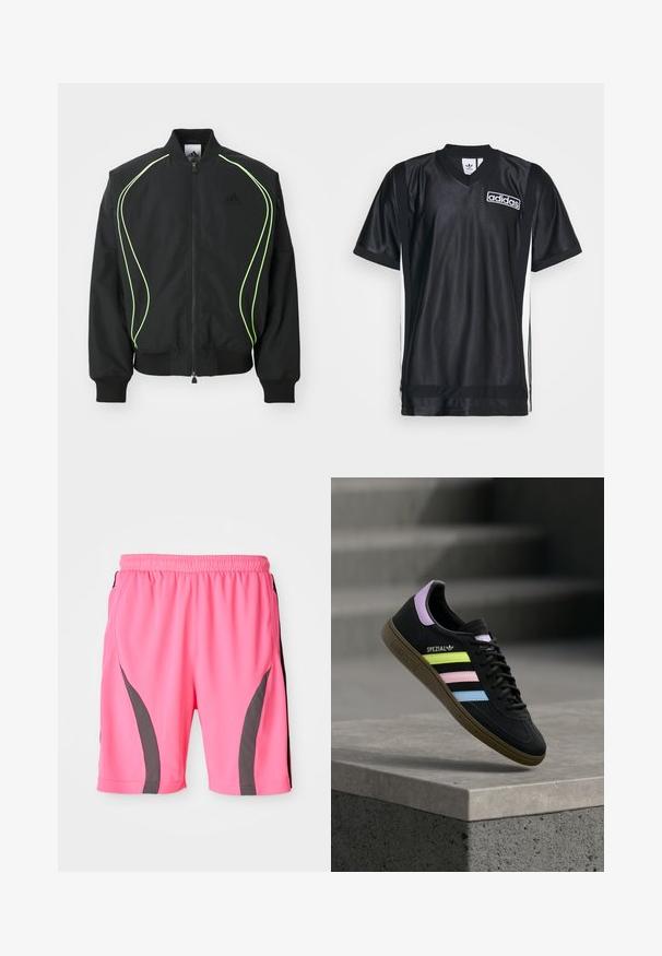 Mustmust must kaaluvate neoonroheliste detailidega, ribatatud mansettide ja kraega. Omab lukuga esiosa ja külgmist lukuga taskut. Valmistatud kergest materjalist.; Musta sportlik jersy, mis on valmistatud läikivast ja siledast kangast, V-kaelusega, valgete külge triipudega ja Adidas logo rinnal.; Erksiroosa spordilähedase lühikesed püksid elastse vöökohtaga. Omab halli külgmisi aktsente ja sujuvat, kerget kangast.; Must Adidas Spezial toss sinised, roosad ja kollased pastelltriipud, lavendlivärvilise kannaosaga ja pruun tallaga, hõljumas betoonserva kohal.