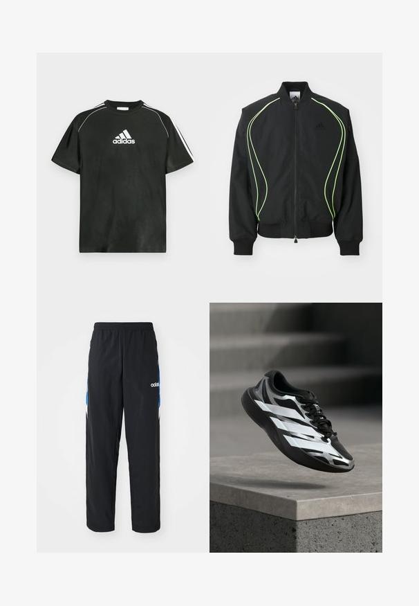Μαύρο bomber jacket με φωσφορούσα πράσινη ραφή, ριγωτούς κορμούς και γιακά. Διαθέτει φερμουάρ μπροστά και τσέπη με φερμουάρ στο πλάι. Κατασκευασμένο από ελαφρύ υλικό.; Μαύρο κοντομάνικο μπλουζάκι με λευκό λογότυπο Adidas στο στήθος και λευκές ρίγες στους ώμους. Κατασκευασμένο από λείο ύφασμα, άνετη εφαρμογή.; Μαύρο αθλητικό παντελόνι με ελαστική μέση, διακοσμημένο με μπλε και λευκές γραφικές λεπτομέρειες στις πλευρές, και κεντημένο λογότυπο.; Μαύρο και ασημί αθλητικό παπούτσι με λευκές ρίγες στον αέρα πάνω από ένα τσιμεντένιο τελείωμα, τα σκαλοπάτια της σκάλας είναι θολά στο φόντο.