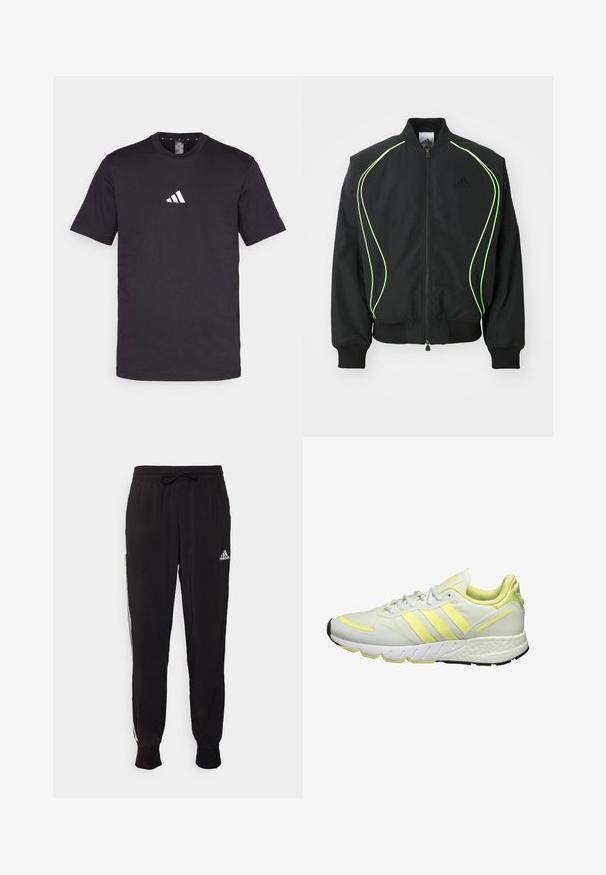 Chaqueta bomber negra con detalles en verde neón, puños y cuello acanalados. Presenta un cierre frontal con cremallera y un bolsillo lateral con cremallera. Está fabricada con material ligero.; Camiseta de algodón negra con mangas cortas, que presenta un logo blanco de Adidas en el pecho. Diseño clásico de cuello redondo.; Pantalones deportivos negros de tela suave, con cintura ajustable mediante cordón y franjas laterales blancas. Puños elásticos en los tobillos.; Zapatilla deportiva blanca con acentos en amarillo, que cuenta con una parte superior suave, suela texturizada y tres rayas en el lateral para la marca.