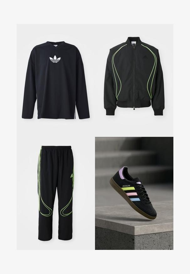 Schwarze Bomberjacke mit neongrüner Paspelierung, gerippten Bündchen und Kragen. Verfügt über einen Reißverschluss vorne und eine seitliche Reißverschlusstasche. Hergestellt aus leichtem Material.; Schwarzes Langarmtrikot aus Mesh-Material, mit V-Ausschnitt und weißem Adidas-Trefoil-Logo auf der Brust. Seitliche Schlitze am Saum.; Schwarze Adidas Sportpants mit neongrünen, gebogenen Linien und drei Streifen an den Seiten, elastischem Bund und Adidas-Logo am Vorderoberschenkel.; Schwarzer Adidas Spezial Sneaker mit pastellgelben, pinken und blauen Streifen, lavendelfarbenem Fersenlaschen und brauner Sohle, schwebend über einer Betonkante.