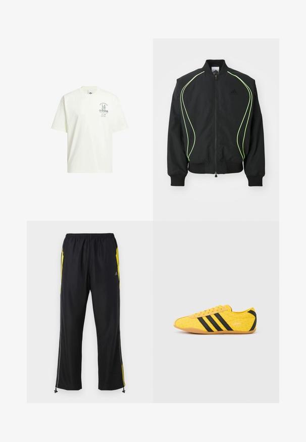 Čierna bombr jacket s neonovo zeleným lemovaním, rebrovanými manžetami a golierom. Má predný zips a bočné vrecko na zips. Vyrobené z ľahkého materiálu.; Biela bavlnená tričko s okrúhlym výstrihom, krátkymi rukávmi a grafickou potlačou s nápismi "Adidas" a "Los Angeles" v zelenej farbe.; Čierne športové nohavice s žltými bočnými akcentmi, elastickým pásom a zipsovými bočnými vreckami. Vyrobené z ľahkej, hladkej tkaniny.; Žltá športová obuv s textúrovaným zvrškom, s čiernymi pruhmi a logom. Zaoblená špička, mäkká podrážka a vzor v tvare cik-cak na materiáli.