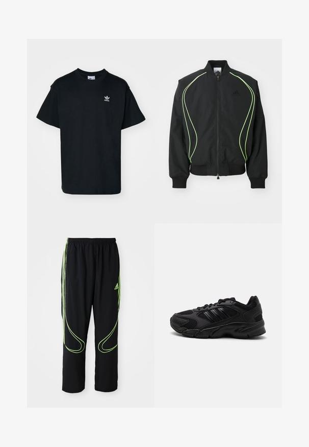 Čierna bombr jacket s neonovo zeleným lemovaním, rebrovanými manžetami a golierom. Má predný zips a bočné vrecko na zips. Vyrobené z ľahkého materiálu.; Čierne bavlnené tričko s okrúhlym výstrihom a krátkymi rukávmi, s malým bielym logom Adidas na ľavej strane hrude.; Čierne atletické nohavice Adidas s neonovo zelenými zakrivenými líniami a tromi pruhmi po stranách, elastickým pásom a logom Adidas na prednom stehne.; Čierne športové topánky s kombináciou priedušnej sieťoviny a syntetických materiálov. Výrazná štruktúrovaná podrážka a tri čierne pruhy na strane.