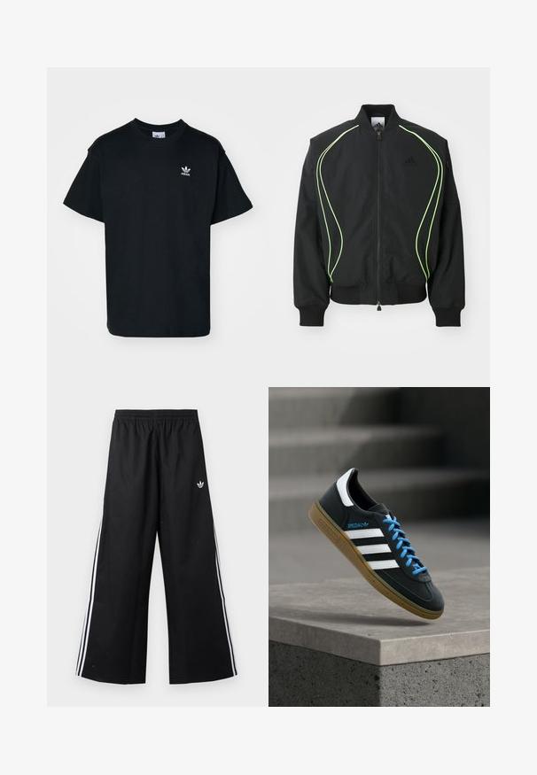 Schwarze Bomberjacke mit neongrüner Paspelierung, gerippten Bündchen und Kragen. Verfügt über einen Reißverschluss vorne und eine seitliche Reißverschlusstasche. Hergestellt aus leichtem Material.; Schwarzes Baumwoll-T-Shirt mit Rundhalsausschnitt und kurzen Ärmeln, das ein kleines weißes Adidas-Logo auf der linken Brustseite trägt.; Schwarze weite Trainingshose mit elastischem Bund, weißen Seitenstreifen und kleinem Adidas-Trefoil-Logo an der rechten Hüfte.; Schwarzer Adidas-Sneaker mit weißen Streifen, blauen Schnürsenkeln und Gummisohle, der über einer grauen Betontreppe im weichen Licht schwebt.