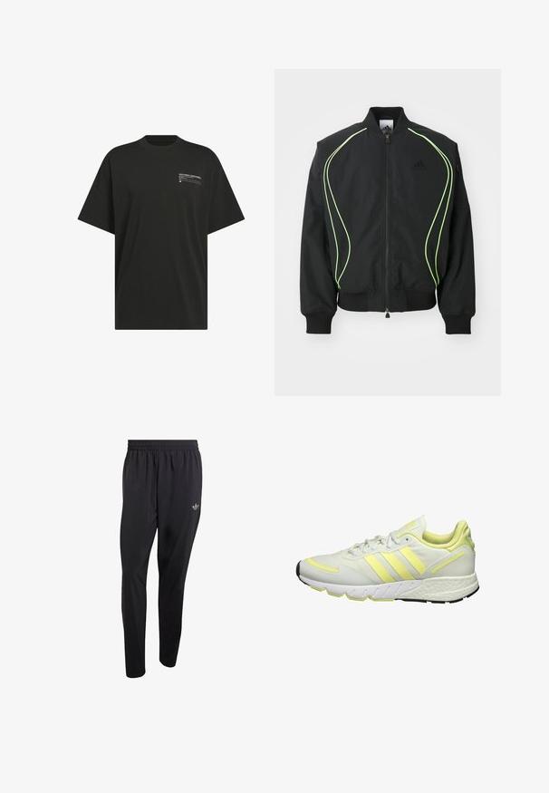 Schwarze Bomberjacke mit neongrüner Paspelierung, gerippten Bündchen und Kragen. Verfügt über einen Reißverschluss vorne und eine seitliche Reißverschlusstasche. Hergestellt aus leichtem Material.; Schwarzes T-Shirt mit kurzen Ärmeln aus Baumwolle. Verfügt über einen kleinen weißen Grafikdruck auf der linken Brustseite. Klassisches, gerade geschnittenes Design.; Schwarze Sporthose aus leichtem Material mit elastischem Bund und einem kleinen eingeprägten Logo im oberen linken Beinbereich.; Weiße Sportschuh mit gelben Akzenten, ausgestattet mit einem glatten Obermaterial, einer strukturierten Sohle und drei Streifen an der Seite zur Markenkennzeichnung.