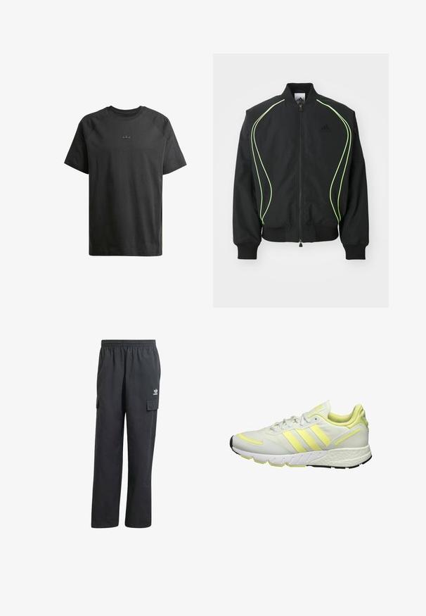 Čierna bombr jacket s neonovo zeleným lemovaním, rebrovanými manžetami a golierom. Má predný zips a bočné vrecko na zips. Vyrobené z ľahkého materiálu.; Čierne bavlnené tričko s krátkymi raglánovými rukávmi, s jemne embosovaným logom na hrudi a hladkou textúrou po celom povrchu.; Čierne cargo nohavice s elastickým pásom, dvoma bočnými vreckami a decentným logom na ľavom stehne. Vyrobené z ľahkého materiálu.; Biele športové topánky s žltými akcentami, s hladkým vrchom, textúrovanou podrážkou a tromi pruhmi na boku pre branding.