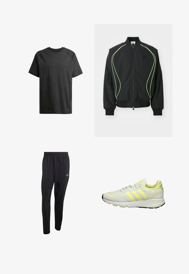 Chaqueta bomber negra con detalles en verde neón, puños y cuello acanalados. Presenta un cierre frontal con cremallera y un bolsillo lateral con cremallera. Está fabricada con material ligero.; Camiseta de algodón negra con mangas raglán cortas, que presenta un sutil logo en relieve en el pecho y una textura suave en todo su diseño.; Pantalones deportivos negros hechos de material ligero, con una cintura elástica y un pequeño logo en relieve en la parte superior del muslo izquierdo.; Zapatilla deportiva blanca con acentos en amarillo, que cuenta con una parte superior suave, suela texturizada y tres rayas en el lateral para la marca.