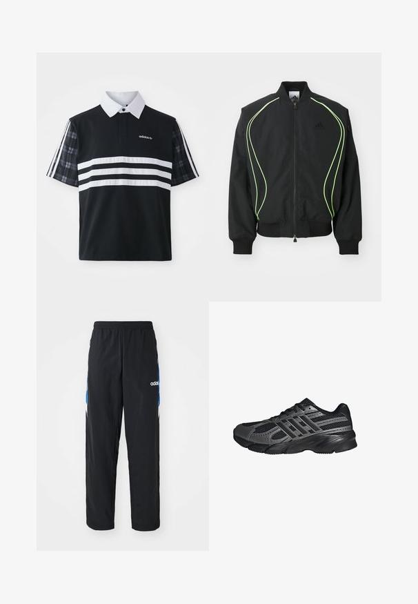 Čierna bombr jacket s neonovo zeleným lemovaním, rebrovanými manžetami a golierom. Má predný zips a bočné vrecko na zips. Vyrobené z ľahkého materiálu.; Čierna polo košeľa s bielymi prúžkami a logom; má krátke kárované rukávy a biely golier s gombíkovou légou.; Čierne športové nohavice s elastickým pásom, s modro-bielymi grafickými akcentmi po stranách a vyšitým logom.; Čierne športové topánky vyrobené z pletiva a syntetických materiálov, s textúrovaným povrchom, viacerými šedými pruhmi a polstrovaným golierom.