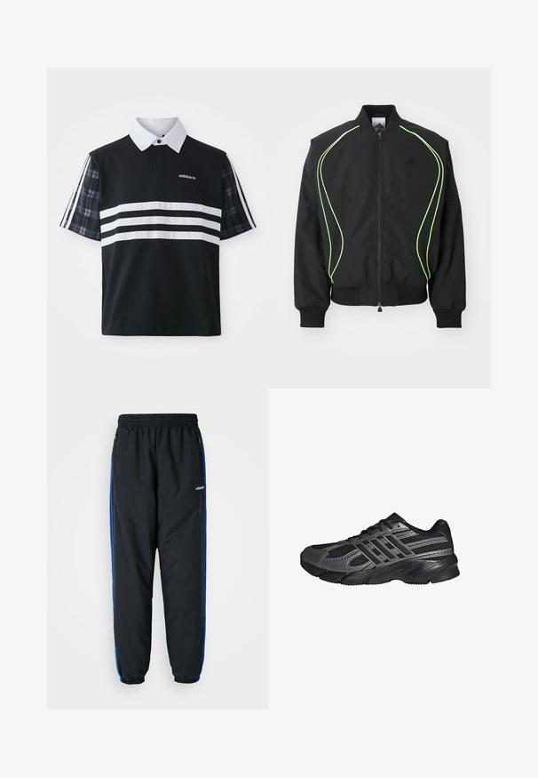 Veste bomber noire avec des passepoils vert fluo, des poignets et un col côtelés. Présente une fermeture éclair à l'avant et une poche zippée sur le côté. Fabriquée en matériau léger.; Polo noir avec des rayures blanches et un logo ; présente des manches courtes à carreaux et un col blanc avec une patte de boutonnage.; Pantalons de sport noirs avec taille élastique, bandes latérales bleues, poches zippées et poignets resserrés pour un ajustement près du corps. Fabriqués à partir de matériaux légers.; Chaussures de sport noires en mesh et matériaux synthétiques, avec une surface texturée, plusieurs rayures grises, et un col rembourré.