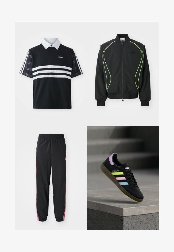 Čierna bombr jacket s neonovo zeleným lemovaním, rebrovanými manžetami a golierom. Má predný zips a bočné vrecko na zips. Vyrobené z ľahkého materiálu.; Čierna polo košeľa s bielymi prúžkami a logom; má krátke kárované rukávy a biely golier s gombíkovou légou.; Čierne vetrovky s ružovými bočnými pruhmi, elastickým pásom a manžetami. Na ľavom stehne je diskrétne logo. Hladká textura.; Čierna teniska Adidas Spezial s pastelovo žltými, ružovými a modrými pruhmi, levanduľovým jazýčkom na päte a hnedou podrážkou, vznášajúca sa nad betónovou hranou.