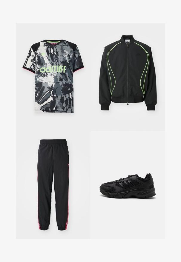Chaqueta bomber negra con detalles en verde neón, puños y cuello acanalados. Presenta un cierre frontal con cremallera y un bolsillo lateral con cremallera. Está fabricada con material ligero.; Camiseta deportiva de manga corta y cuello redondo con un estampado abstracto en negro, blanco y gris; presenta un logo "adiTUFF" en verde neón y acentos en rosa.; Pantalones tipo chándal negros con rayas laterales rosas, cinturilla elástica y puños ajustados. Presenta un acabado sutil en la parte izquierda de la pierna. Textura suave.; Zapatillas deportivas negras que combinan malla transpirable y materiales sintéticos. Suela texturizada distintiva y tres franjas negras en el costado.