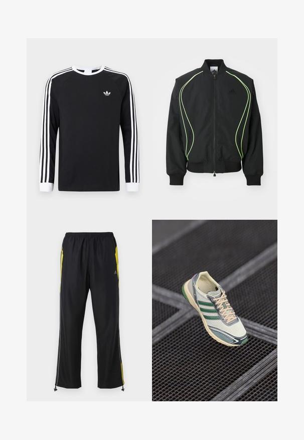 Μαύρο bomber jacket με φωσφορούσα πράσινη ραφή, ριγωτούς κορμούς και γιακά. Διαθέτει φερμουάρ μπροστά και τσέπη με φερμουάρ στο πλάι. Κατασκευασμένο από ελαφρύ υλικό.; Μαύρο μακρυμάνικο μπλουζάκι με λευκό σχέδιο τριών ραβδώσεων στα μανίκια. Διαθέτει στρογγυλή λαιμόκοψη και μικρό λευκό λογότυπο στο στήθος.; Μαύρο αθλητικό παντελόνι με κίτρινες πλευρικές λεπτομέρειες, ελαστική μέση και τσέπες με φερμουάρ στο πλάι. Κατασκευασμένο από ελαφρύ, μαλακό ύφασμα.; Λευκό και πράσινο διχτυωτό αθλητικό παπούτσι με μπεζ κορδόνια να αιωρείται πάνω από σκοτεινές μεταλλικές σχάρα δαπέδου.