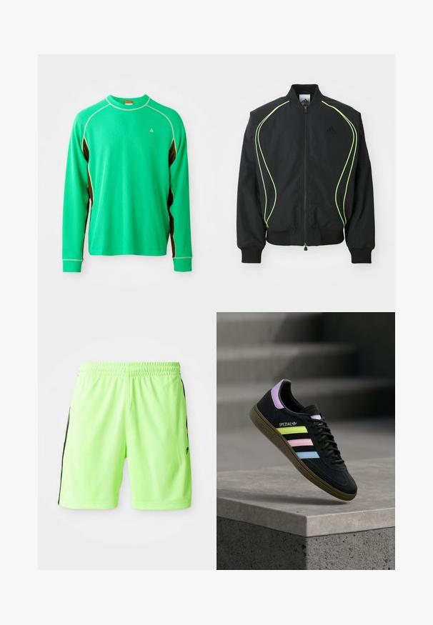 Zwarte bomberjack met neon groene piping, ribgebreide manchetten en kraag. Voorzien van een rits aan de voorkant en een zijzak met rits. Gemaakt van lichtgewicht materiaal.; Langemmouwige groene sportshirt van textuurstof, met contrasterende bruine zijaccenten en witte stiksels langs de kraag en naden.; Neon groene sportshorts met een elastische tailleband, voorzien van zwarte zijstrepen en lichtgewicht, ademende stof.; Zwarte Adidas Spezial sneaker met pastelgele, roze en blauwe strepen, lavendelkleurig hielhaakje en bruine zool, zwevend boven een betonnen richel.