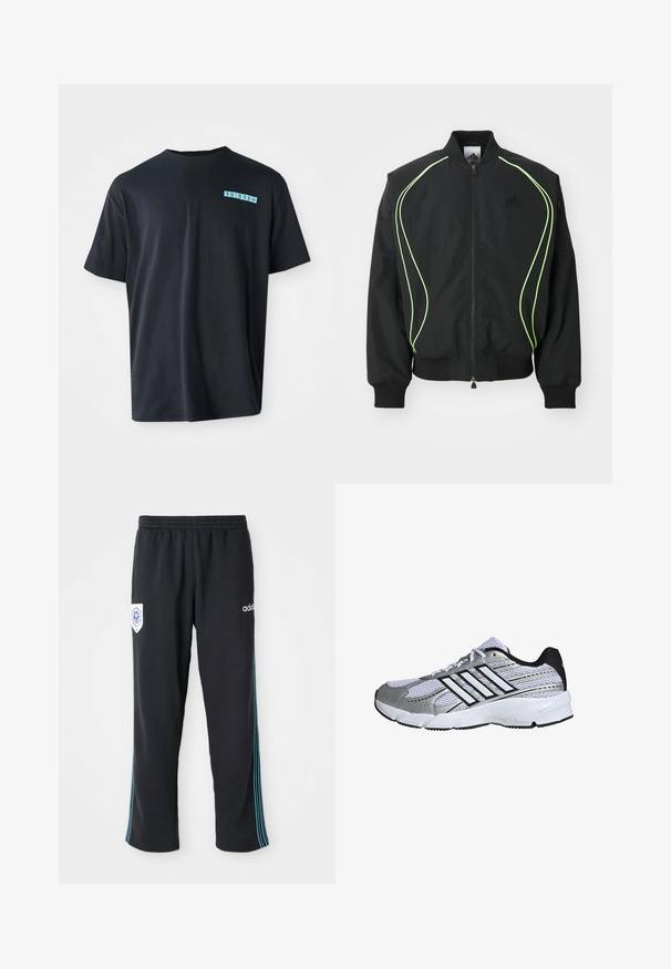 Schwarze Bomberjacke mit neongrüner Paspelierung, gerippten Bündchen und Kragen. Verfügt über einen Reißverschluss vorne und eine seitliche Reißverschlusstasche. Hergestellt aus leichtem Material.; Schwarzes Baumwoll-T-Shirt mit kurzen Ärmeln, Rundhalsausschnitt und einem türkisfarbenen grafischen Logo auf der linken Brust. Glatte Textur, lässige Passform.; Schwarze Polyester-Sporthosen mit elastischem Bund, ausgestattet mit einem blauen Streifen an der Seite und einem Logo auf der linken Vorderseite der Hüfte.; Mesh-Sportschuh in Weiß und Silber mit schwarzen Akzenten, drei weißen Streifen als Logo, gepolstertem Kragen und strukturiertem Gummisohle.